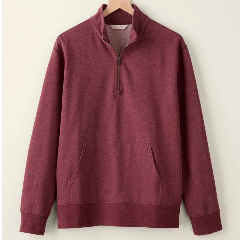 Garnet Hill Mens French Terry Quarter-Zip Sweatshirt Heathered Red Large cozy